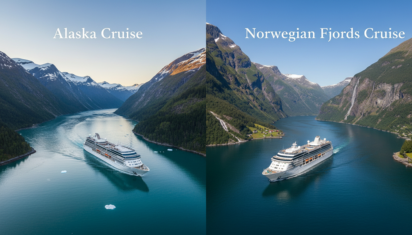 Cruise ships in turquoise fjord waters surrounded by snow-capped mountains and waterfalls