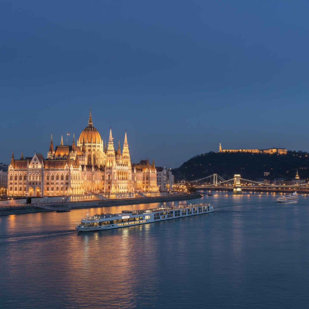 Illuminated Budapest Parliament building reflected in the Danube River at night