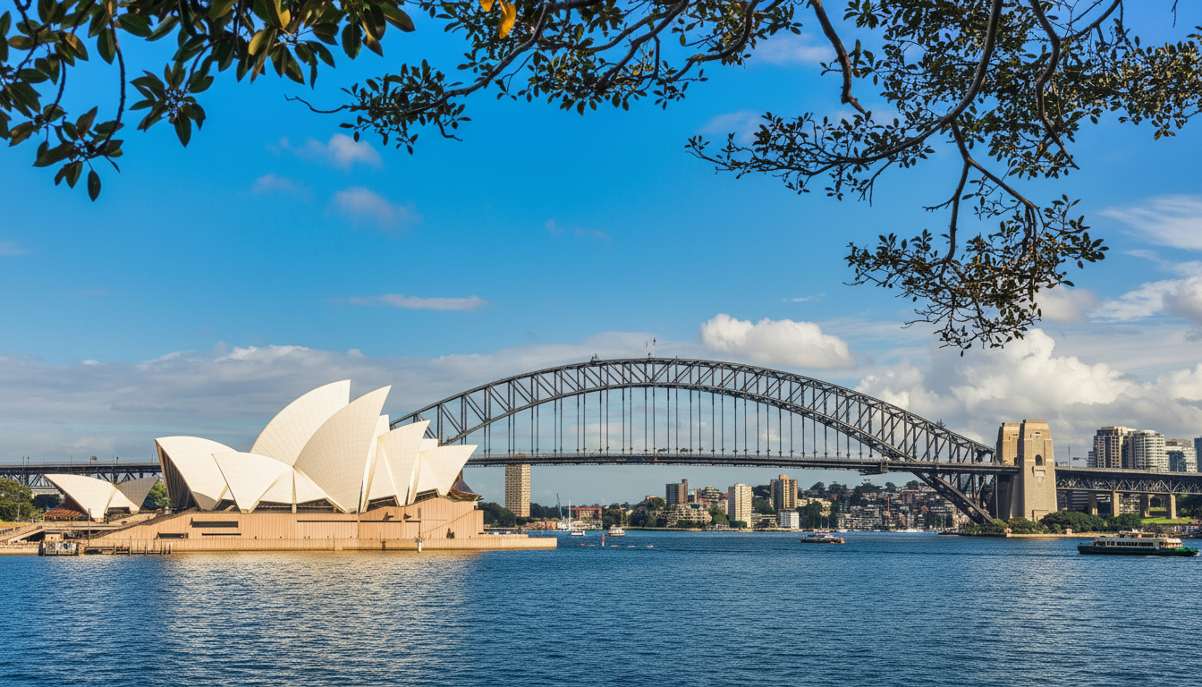 Sydney Opera House with distinctive white shell-shaped roof and Harbour Bridge under blue sky