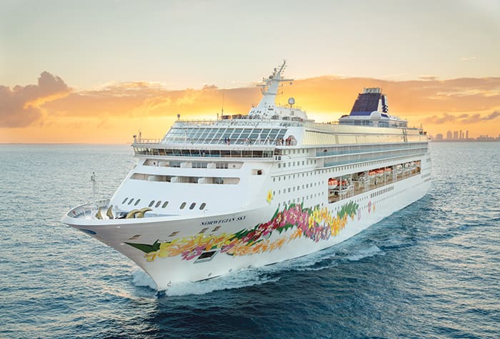 Cruise Ship Sailing at Sunset A colorful cruise ship with a floral design on its hull sailing across open waters during a golden
