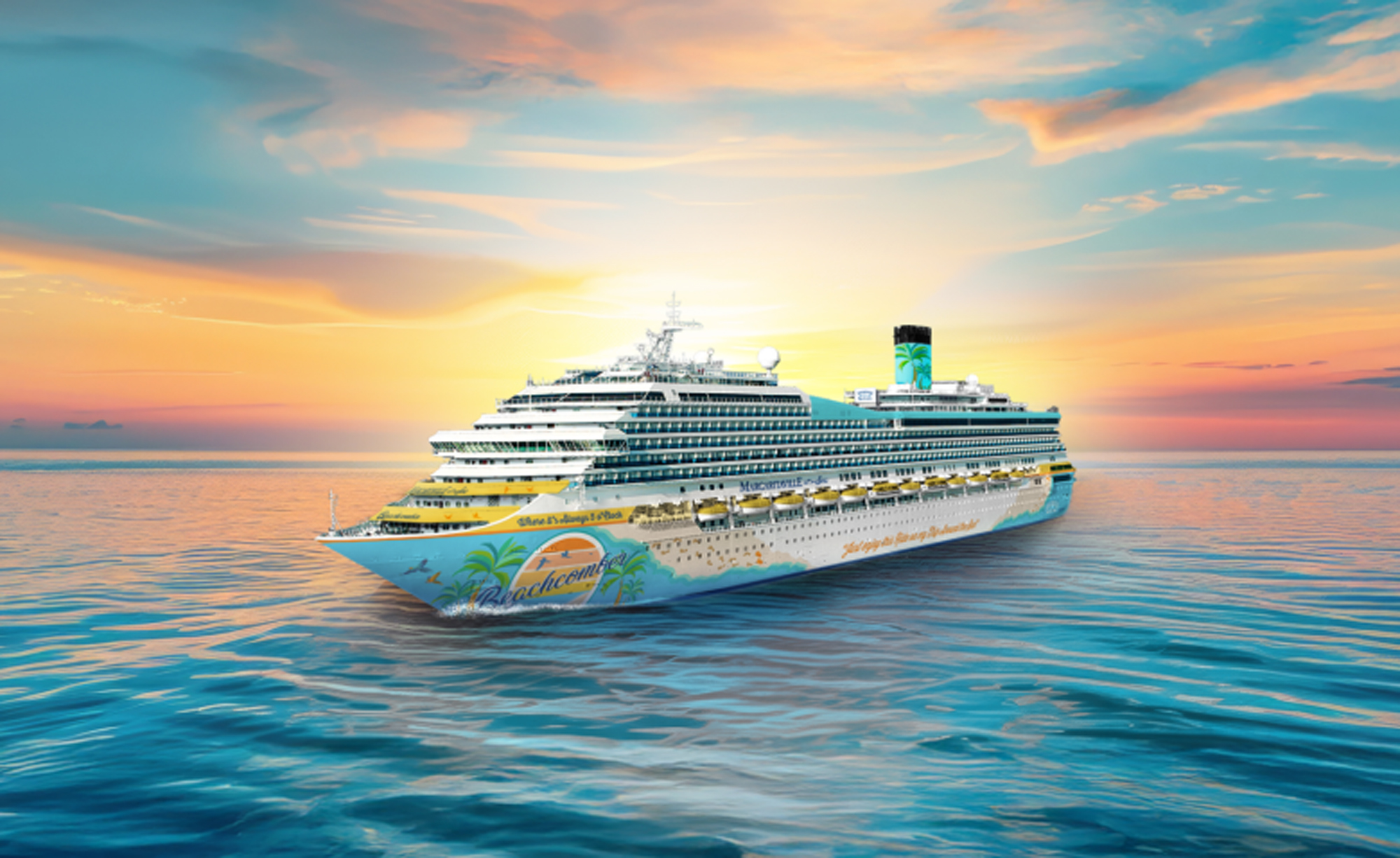 Cruise Ship at Golden Hour Sunset Margaritaville at Sea cruise ship sailing at golden hour sunset with tropical-themed hull artwork
