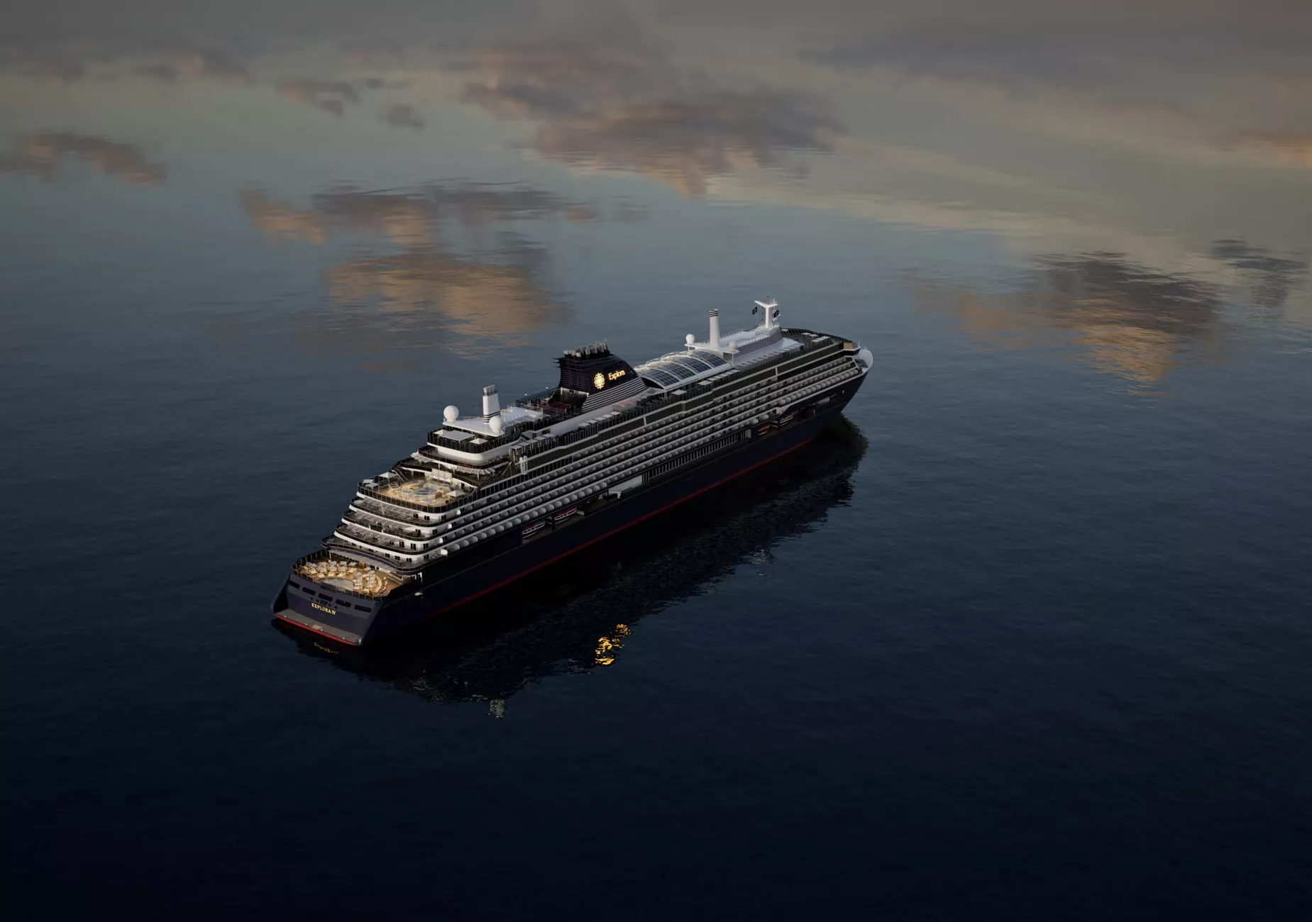 A sleek, modern cruise ship sailing on a smooth, reflective ocean under a moody, cloudy sky