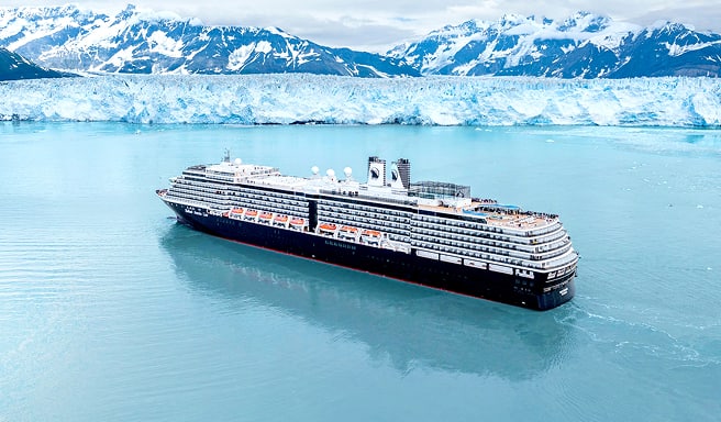 Cruise Ship in Alaskan Glacier Landscape A large cruise ship sailing through turquoise waters with dramatic snow-capped mountains and a massive blue glacier in the background, showcasing the stunning Alaskan wilderness.