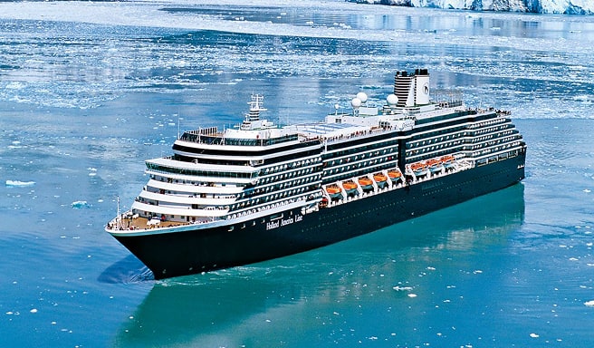 Cruise Ship in Arctic Glacial Waters Holland America cruise ship sailing through icy blue waters with glacial landscape
