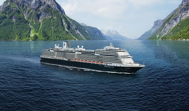 Cruise Ship in Scenic Fjord Landscape A large modern cruise ship sailing through a dramatic fjord with steep, green mountain slopes