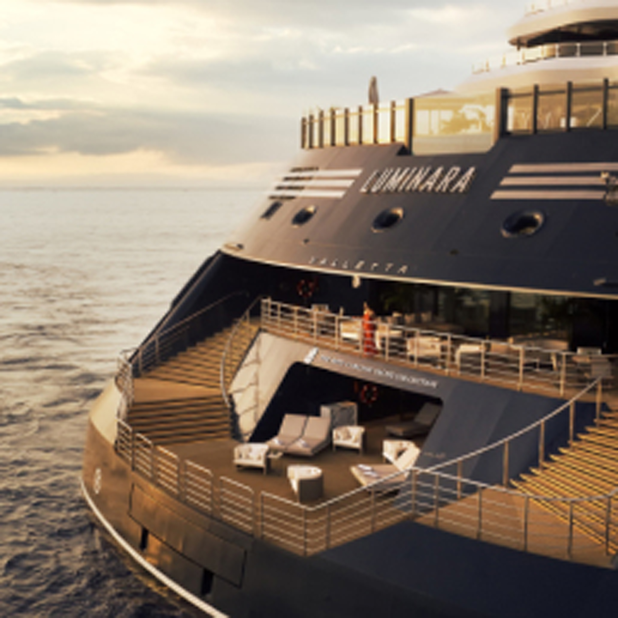 Ritz-Carlton yacht marina terrace with tiered deck spaces overlooking calm ocean waters