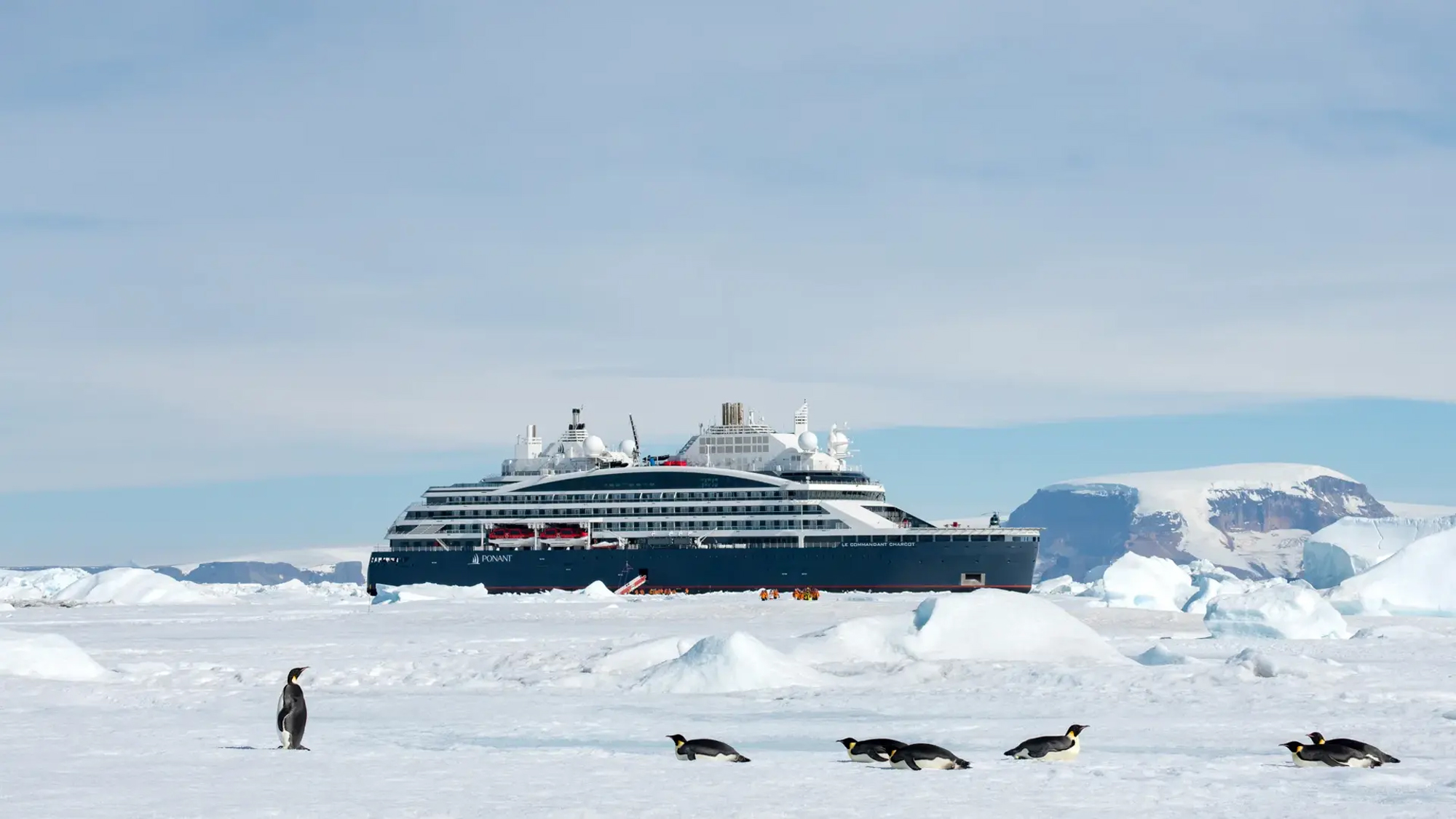 Luxury Cruise Ship in Antarctic Landscape Ponant expedition cruise ship navigating through Antarctic ice with penguins visible on nearby ice formations