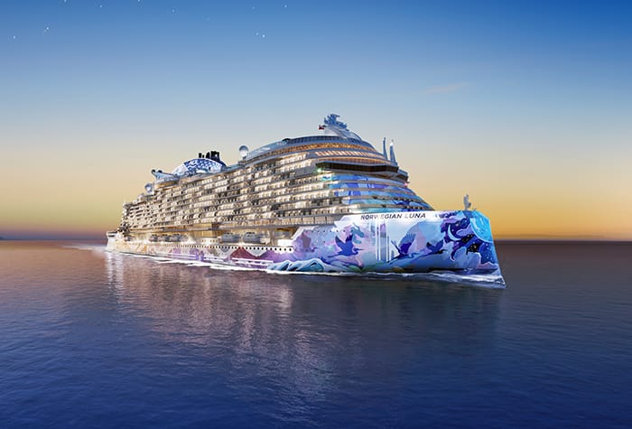 Norwegian Cruise Line Ship at Sunset A modern luxury cruise ship with a vibrant ocean-themed hull design sailing on calm blue waters