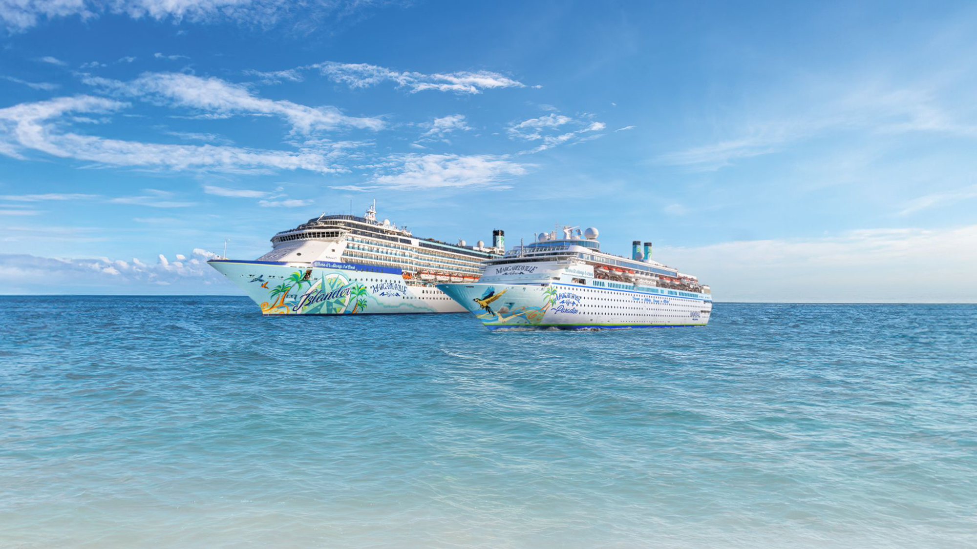 Tropical Cruise Ships in Turquoise Waters Two colorful cruise ships anchored in crystal-clear blue waters with a vibrant blue sky and white