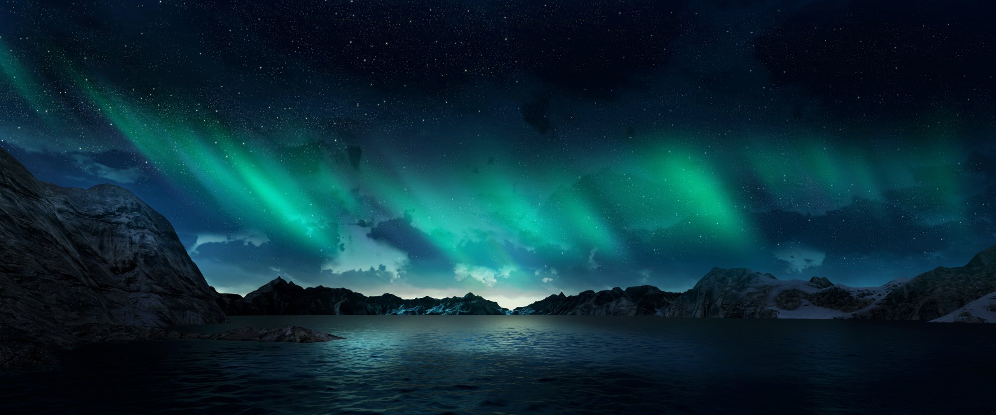 Aurora Borealis Over Arctic Fjord A breathtaking nighttime scene featuring the Northern Lights (Aurora Borealis) dancing in vibrant green hues across a star-filled sky above a serene Arctic fjord surrounded by snow-capped mountains and icy shores.