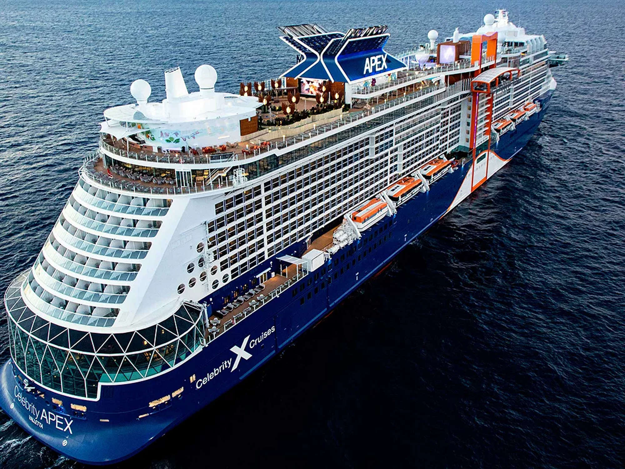 Celebrity Apex Cruise Ship at Sea An aerial view of the Celebrity Apex, a modern mega-ship operated by Celebrity Cruises, showcasing