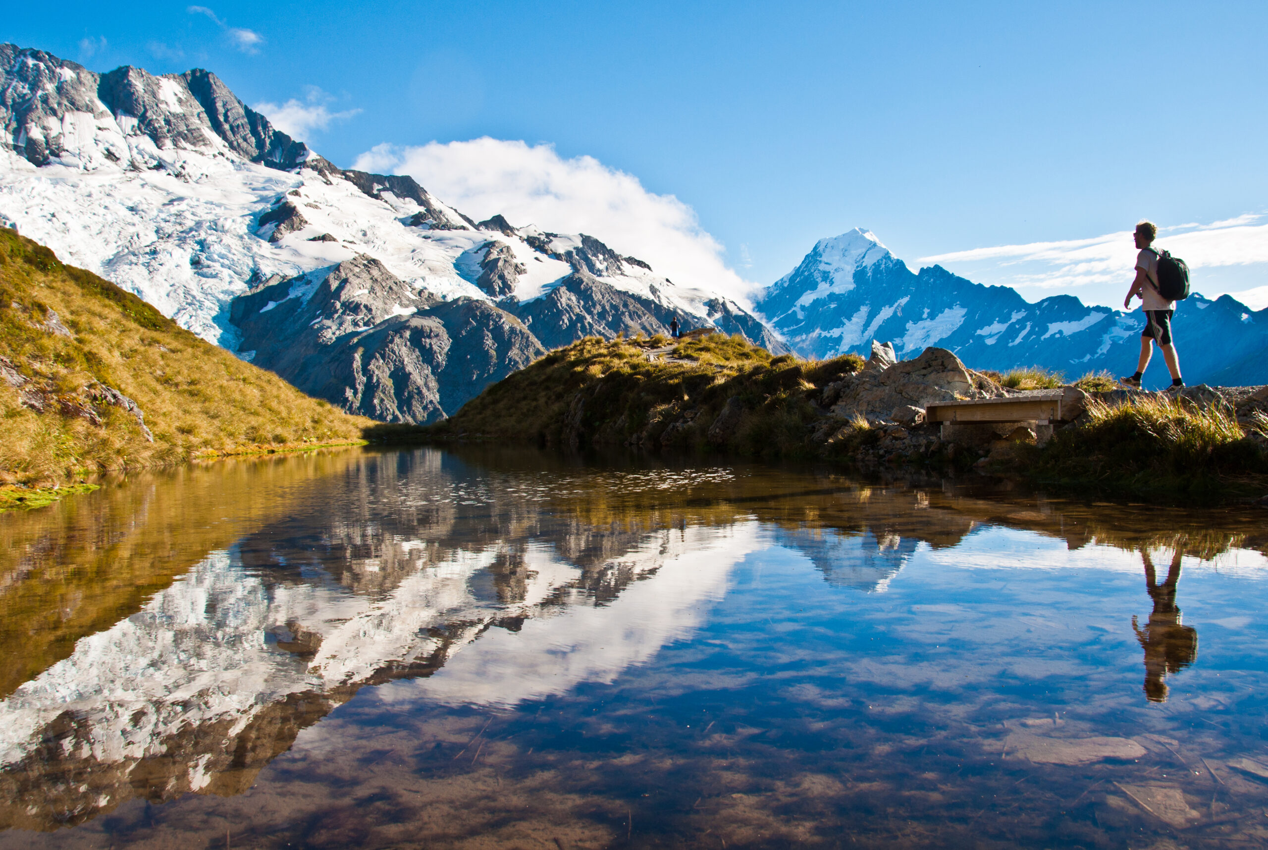 A solo hiker with a backpack stands on a grassy ridge overlooking a pristine alpine lake with mirror-like reflections of snow-capped mountains and glaciers in the background, exemplifying scenic hiking and mountaineering destinations.