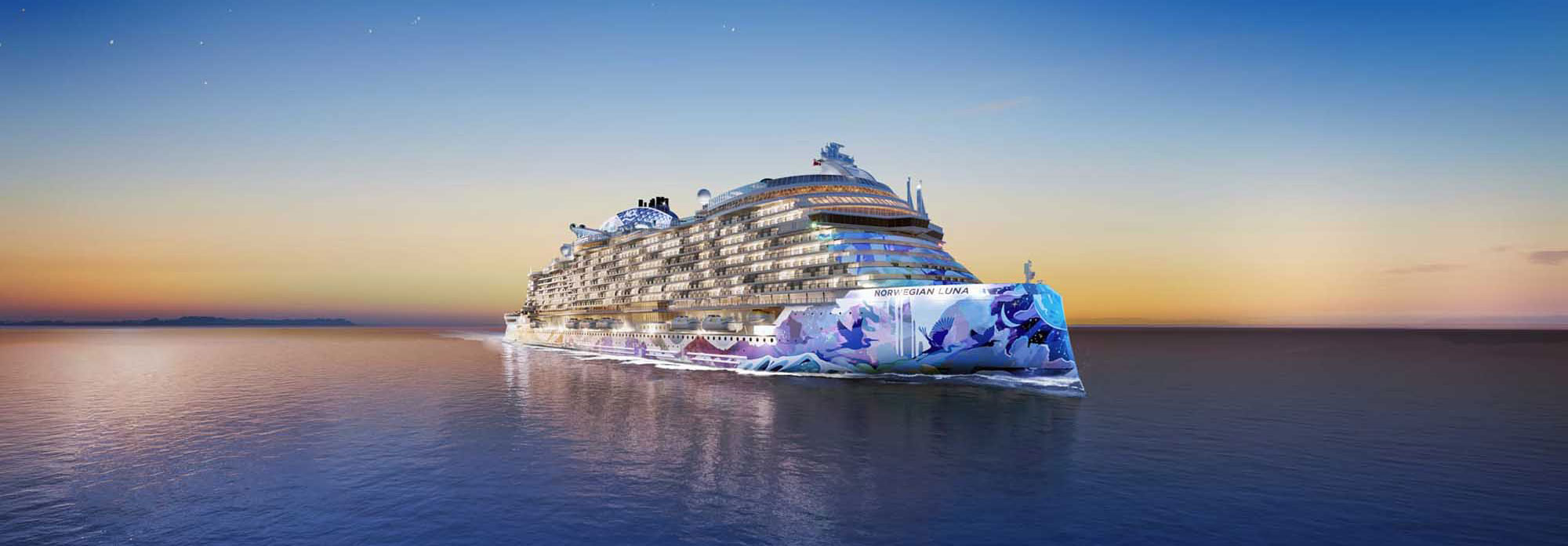 Norwegian Luna cruise ship at dusk with illuminated hull on calm ocean