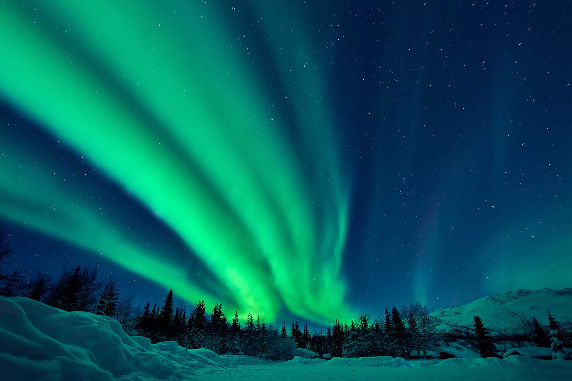 Northern Lights Aurora Over Arctic Landscape A stunning display of green aurora borealis dancing across the midnight sky above a snow-covered Arctic landscape with evergreen forests and mountains. The vibrant natural light phenomenon creates dramatic rays illuminating the starry night sky.