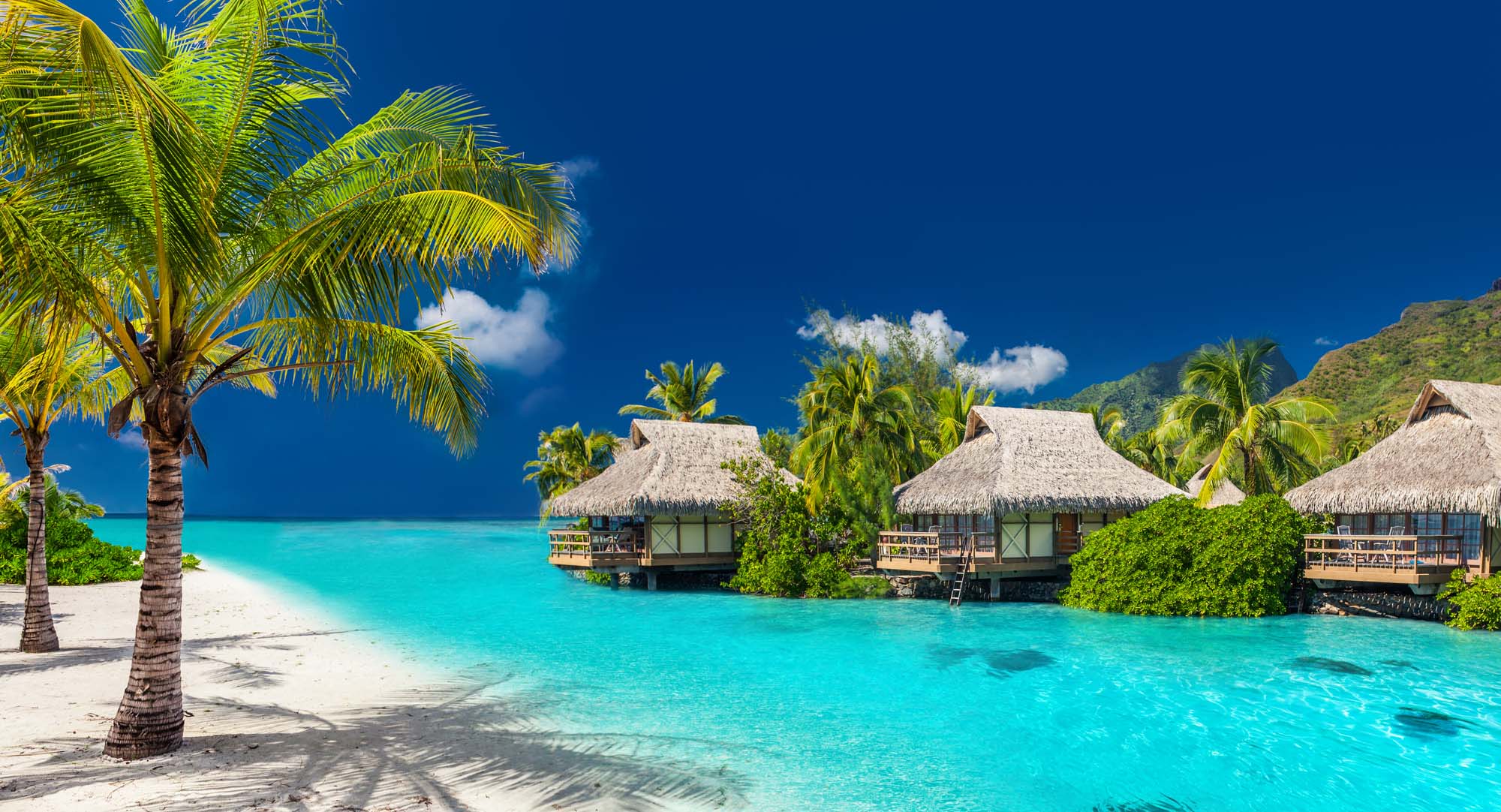 A pristine tropical paradise featuring overwater bungalows with thatched roofs nestled in crystal-clear turquoise lagoon waters, surrounded by lush palm trees and white sand beaches with dramatic green mountainous backdrop under a brilliant blue sky.