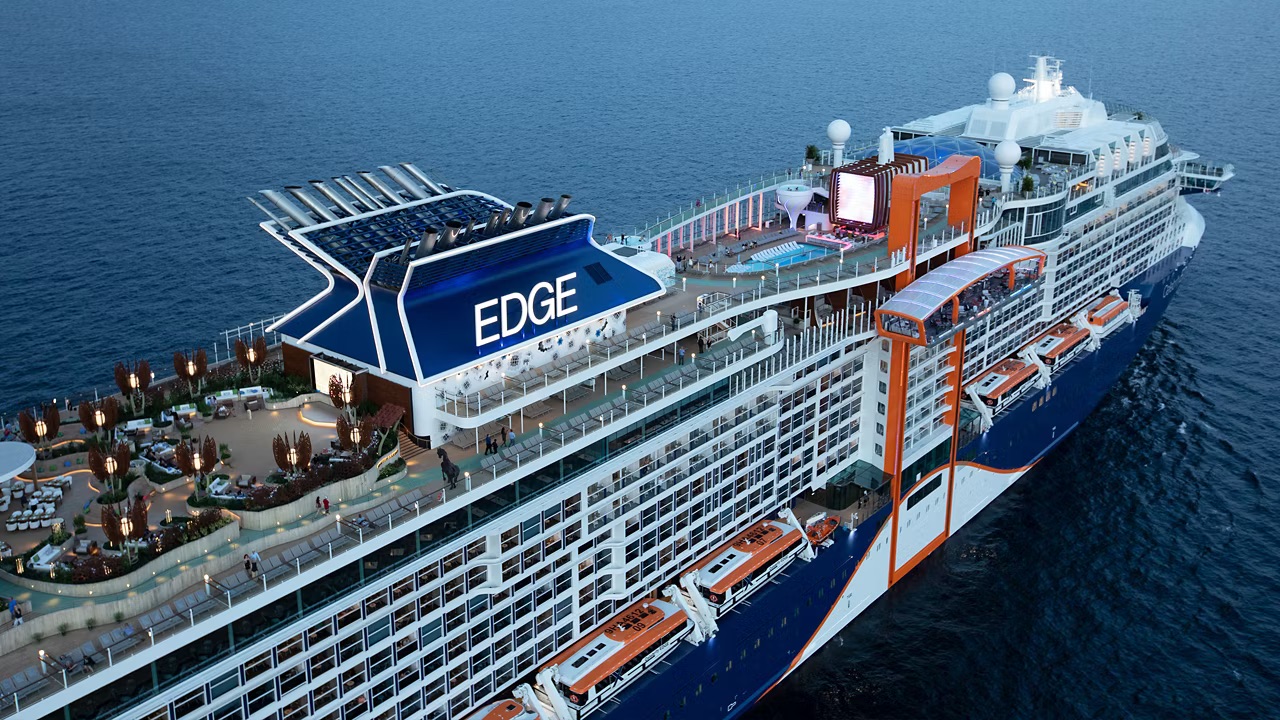 celebrity-edge Celebrity Edge Series cruise ship sailing at sunset through calm tropical waters