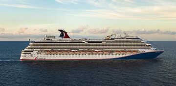 A large modern cruise ship photographed from the side while at sea, displaying the distinctive