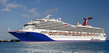 A large modern cruise ship with distinctive white superstructure and blue hull, photographed