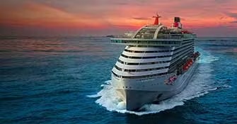 A modern luxury cruise ship at sea during golden hour, featuring the distinctive curved hull design