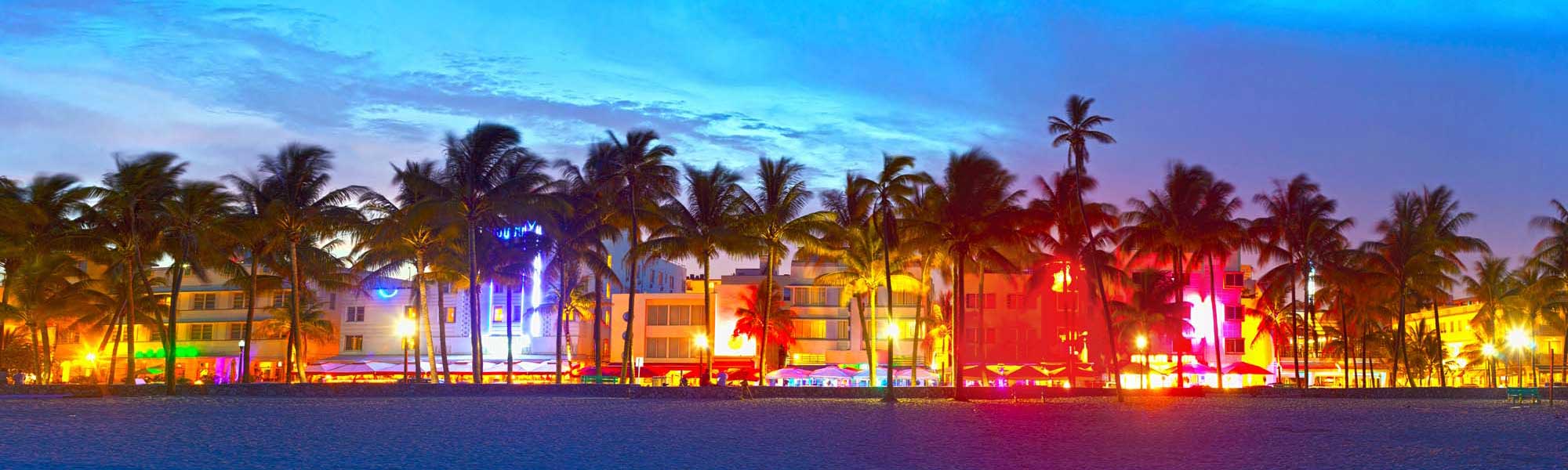 Miami Beach Art Deco District at Twilight A vibrant twilight view of Miami Beach's iconic Art Deco Historic District, featuring colorful
