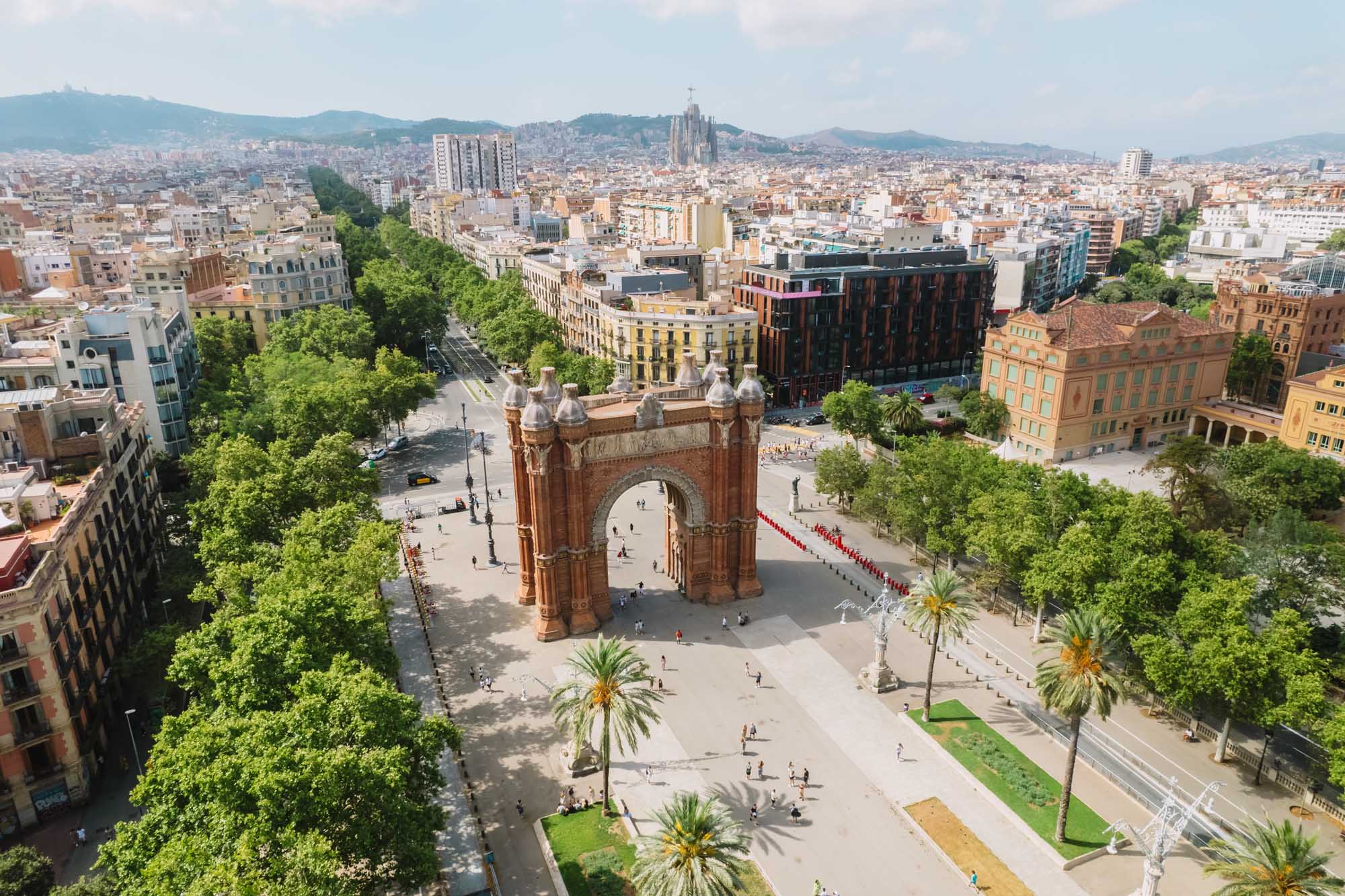 Barcelona Arc de Triomf Aerial City View Aerial view of Barcelona's iconic Arc de Triomf (Arco de Triunfo), a monumental red-brick triumphal