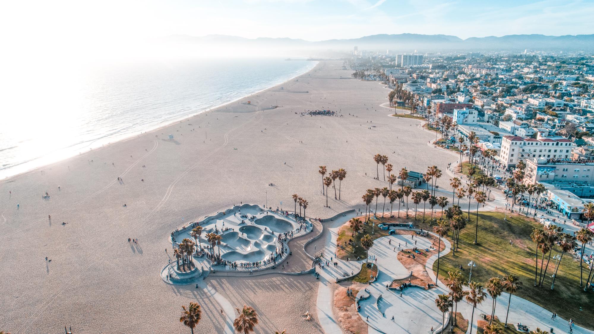 Venice Beach Aerial View Los Angeles An aerial perspective of Venice Beach in Los Angeles, California, showcasing the iconic sandy